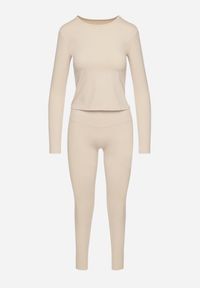 Born2be - Jasnobeżowy Komplet Sportowy Legginsy i Bluzka z Długim Rękawem Toretta. Kolor: beżowy. Wzór: aplikacja #6