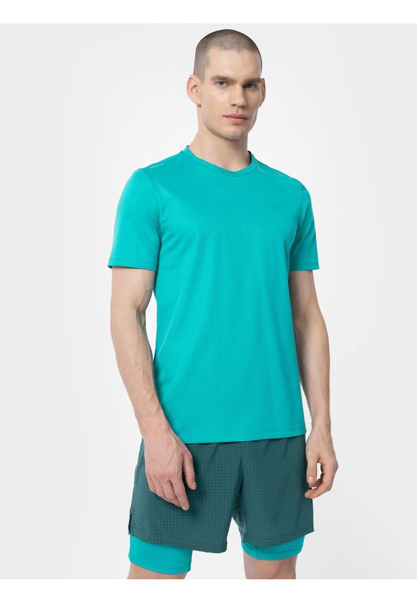 4f - Koszulka do biegania w terenie regular szybkoschnąca męska. Kolor: turkusowy. Materiał: materiał, włókno, dzianina. Sport: bieganie