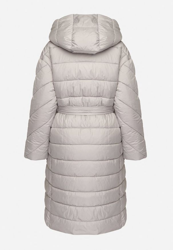 Born2be - Szara Pikowana Kurtka z Kapturem Wiązanym Paskiem i Zapięciem na Napy Tilinia. Okazja: na spacer. Typ kołnierza: kaptur. Kolor: szary. Materiał: jeans. Sezon: zima. Styl: elegancki