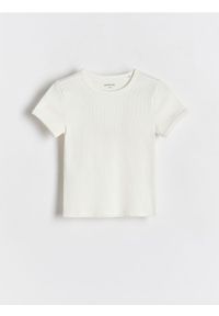 Reserved - Bawełniany t-shirt w prążki - złamana biel. Materiał: bawełna. Wzór: prążki #1