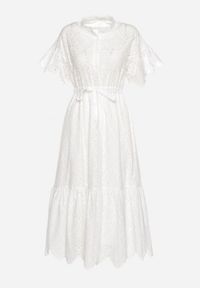 Born2be - Biała Haftowana Sukienka z Bawełny z Guzikami i Gumką w Talii Melliara. Okazja: na spacer, na imprezę. Typ kołnierza: dekolt w kształcie V. Kolor: biały. Materiał: bawełna. Długość rękawa: krótki rękaw. Wzór: haft. Sezon: lato. Styl: boho, klasyczny #6