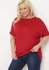 Born2be - Bordowy T-shirt z Rękawami w typie Nietoperza Salilena. Okazja: na co dzień. Kolor: czerwony. Materiał: jeans. Wzór: aplikacja. Styl: casual, elegancki, wizytowy