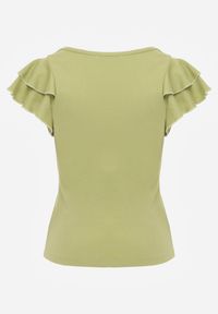 Born2be - Zielona Bawełniana Bluzka o Prostym Kroju z Krótkim Rękawem z Falbanek Himoni. Okazja: do pracy, na co dzień. Typ kołnierza: kołnierz z falbankami. Kolor: zielony. Materiał: bawełna. Długość rękawa: krótki rękaw. Długość: krótkie. Styl: elegancki, klasyczny, casual #7