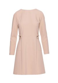 Stylove - Elegancka sukienka trapezowa z patkami w talii beżowa. Okazja: na co dzień, na imprezę. Typ kołnierza: typu klepsydra. Kolor: beżowy, niebieski, brązowy. Wzór: aplikacja, gładki. Typ sukienki: trapezowe. Materiał: poliester, wiskoza, tkanina. Długość rękawa: długi rękaw. Styl: elegancki. Długość: mini #5