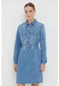 Guess sukienka jeansowa kolor niebieski mini prosta. Kolor: niebieski. Materiał: jeans. Długość rękawa: długi rękaw. Typ sukienki: proste. Długość: mini #1