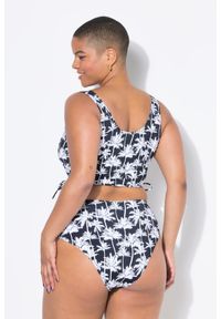 ULLA POPKEN - Damski Top od bikini miękkie miseczki nadruk z motywem palm marszczone tasiemki. Kolekcja: plus size. Kolor: czarny. Materiał: poliester, elastan, poliamid, materiał. Wzór: nadruk