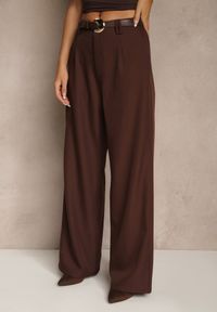 Renee - Brązowe Garniturowe Spodnie Wide Leg z Dodatkowym Paskiem Cintriane. Stan: podwyższony. Kolor: brązowy. Styl: elegancki
