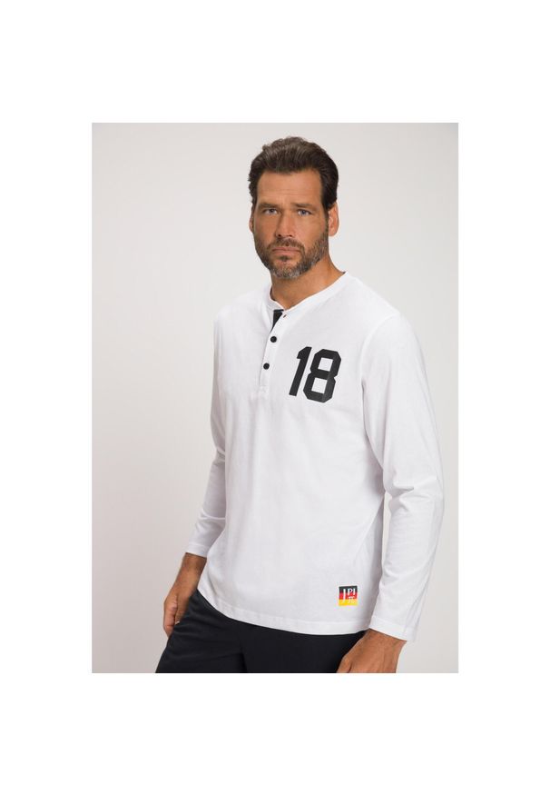 JAY-PI - Męska Koszulka henley długi rękaw piłkarski nadruk plisa guzikowa. Typ kołnierza: typu henley. Kolekcja: plus size. Kolor: biały. Materiał: materiał, bawełna. Długość rękawa: długi rękaw. Długość: długie. Wzór: nadruk. Sport: piłka nożna