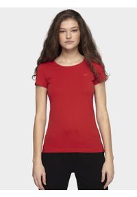 4f - T-shirt slim gładki damski - czerwony. Okazja: na co dzień. Kolor: czerwony. Materiał: jersey, materiał, bawełna, elastan, dzianina. Długość rękawa: krótki rękaw. Długość: krótkie. Wzór: gładki. Styl: sportowy, casual, klasyczny #1