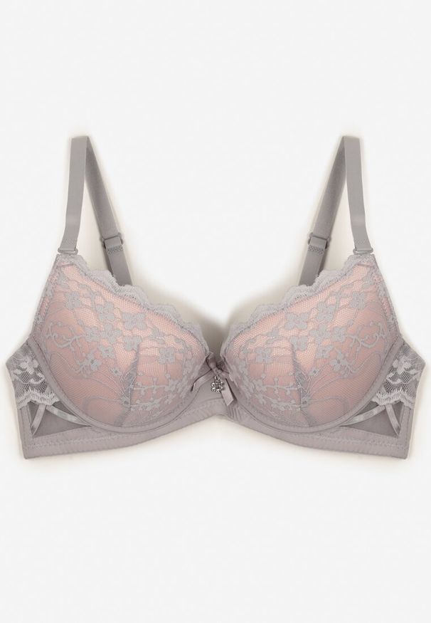 Born2be - Szaro-Różowy Biustonosz Push Up Ozdobiony Koronką Nalisse. Kolor: szary. Materiał: koronka. Rodzaj stanika: push-up. Wzór: aplikacja, koronka