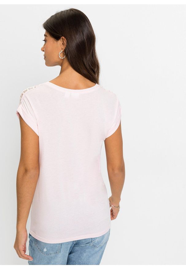 bonprix - Shirt z koronką. Kolor: różowy. Materiał: koronka. Wzór: koronka