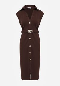 Born2be - Brązowa Sukienka z Wiskozy z Elastycznym Paskiem Ozdobną Klamrą i Guzikami Alcerine. Kolor: brązowy. Materiał: wiskoza. Styl: elegancki, klasyczny #7