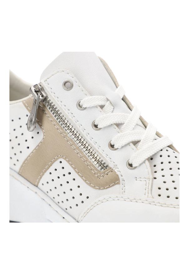 Białe Sneakersy Rieker Modne Buty Damskie. Okazja: na co dzień. Zapięcie: sznurówki. Kolor: biały. Materiał: skóra. Szerokość cholewki: normalna