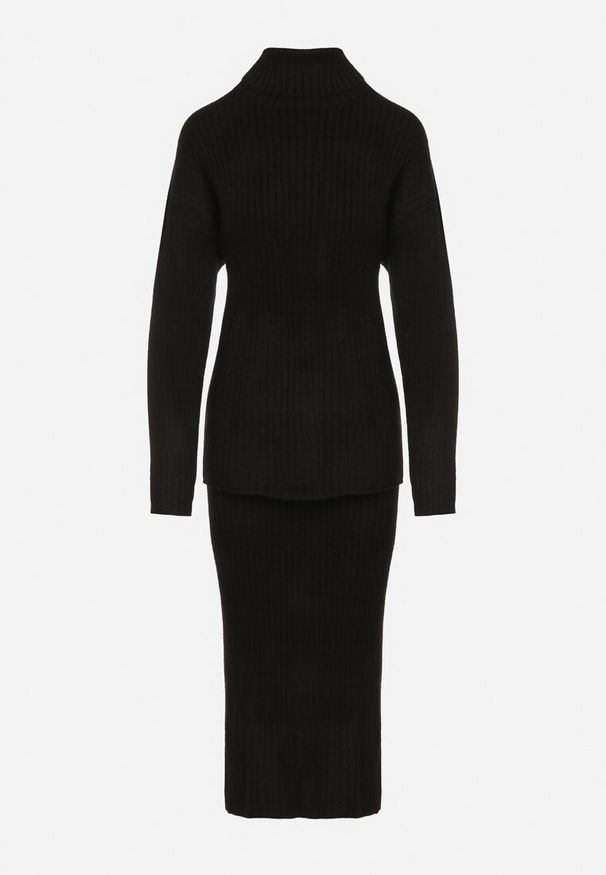 Born2be - Czarny Komplet Dzianinowy z Wełną Sweter z Golfem i Ołówkowa Spódnica Falovira. Kolor: czarny. Materiał: wełna, dzianina. Sport: golf