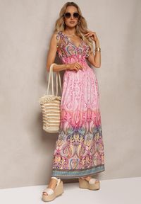 Renee - Jasnoróżowa Sukienka z Mozaikowym Wzorem Boho Gumką w Pasie i Sznurkami na Ramionach Ainervea. Kolor: różowy. Materiał: tkanina. Sezon: lato. Styl: boho #5