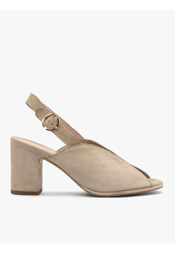 Ryłko - Beżowe sandały damskie na obcasie. Zapięcie: sprzączka. Kolor: beżowy. Materiał: welur, skóra. Obcas: na obcasie. Styl: street. Wysokość obcasa: średni