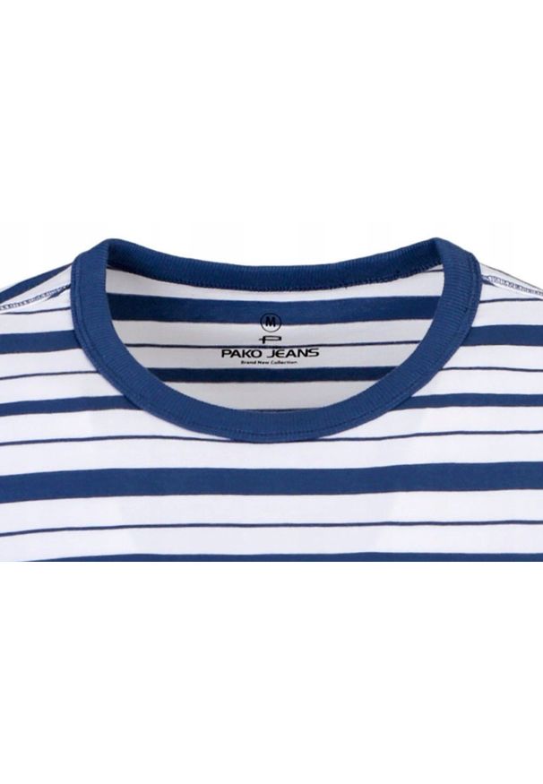 T-Shirt (Koszulka) Męska - Pako Jeans - Biało-Niebieska w Prążek. Okazja: na co dzień. Kolor: niebieski. Materiał: bawełna. Wzór: prążki, paski. Styl: casual