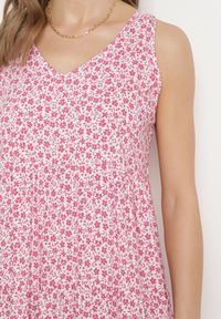 Born2be - Różowa Bawełniana Sukienka w Kwiaty z Falbanką Rissafa. Okazja: na co dzień. Kolor: różowy. Materiał: bawełna. Wzór: kwiaty. Typ sukienki: proste. Styl: casual #4