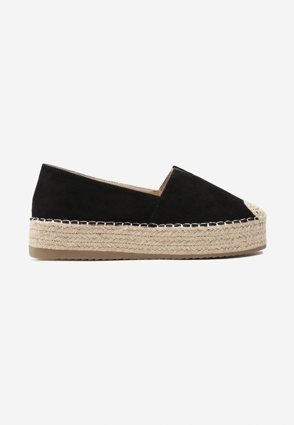 Born2be - Czarne Espadryle na Plecionej Podeszwie z Ozdobnymi Noskami Litherise. Okazja: na co dzień. Kolor: czarny. Materiał: len. Wzór: aplikacja. Sezon: lato. Styl: casual, elegancki