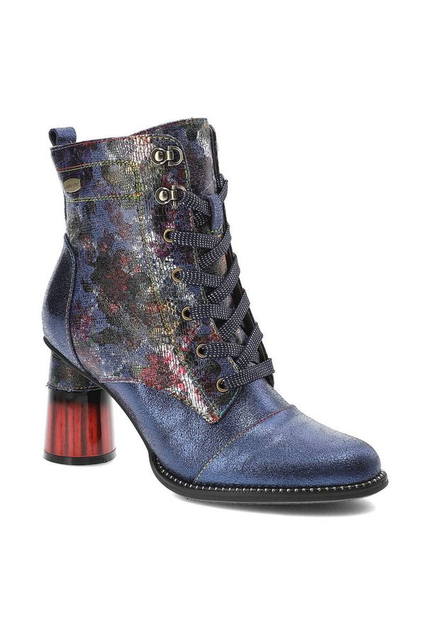 Niebieskie Botki Laura Vita Gustowne Buty Na Obcasie. Okazja: na co dzień. Zapięcie: sznurówki. Kolor: niebieski. Szerokość cholewki: normalna. Wzór: kwiaty. Materiał: materiał, skóra. Obcas: na obcasie. Styl: elegancki. Wysokość obcasa: średni
