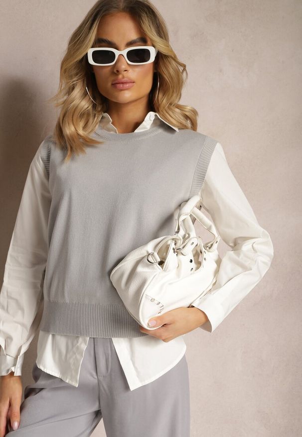 Renee - Szara Kamizelka z Klasyczną Koszulą Nellamira. Okazja: na spotkanie biznesowe, na co dzień. Kolor: szary. Materiał: wiskoza, jeans, prążkowany. Styl: klasyczny