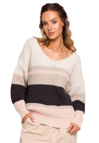 MOE - Kolorowy sweter w paski i z dekoltem w serek. Typ kołnierza: dekolt w serek. Wzór: kolorowy, paski