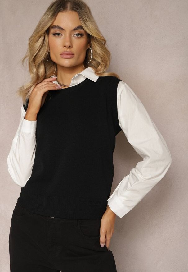 Renee - Czarna Kamizelka z Klasyczną Koszulą Nellamira. Kolor: czarny. Styl: klasyczny