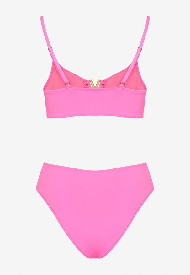 Renee - Fuksjowe Bikini Majtki Figi i Biustonosz Ozdobiony Metaliczną Aplikacją Kinniela. Kolor: różowy. Wzór: aplikacja