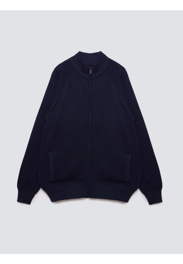 Big-Star - Sweter męski rozpinany ze stójką granatowy Nazar 403. Okazja: na co dzień. Typ kołnierza: kołnierzyk stójkowy. Kolor: niebieski. Materiał: jeans, dzianina. Wzór: gładki, ze splotem. Styl: klasyczny, casual