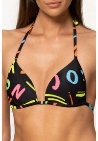 MOSCHINO Czarna góra od bikini w neonowe litery, Rozmiar XS. Kolor: czarny. Wzór: aplikacja #3