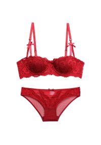 Intica - Biustonosz push-up z koronką i majtki komplet bielizny Dujka. Kolor: czerwony. Materiał: koronka. Wzór: koronka #1