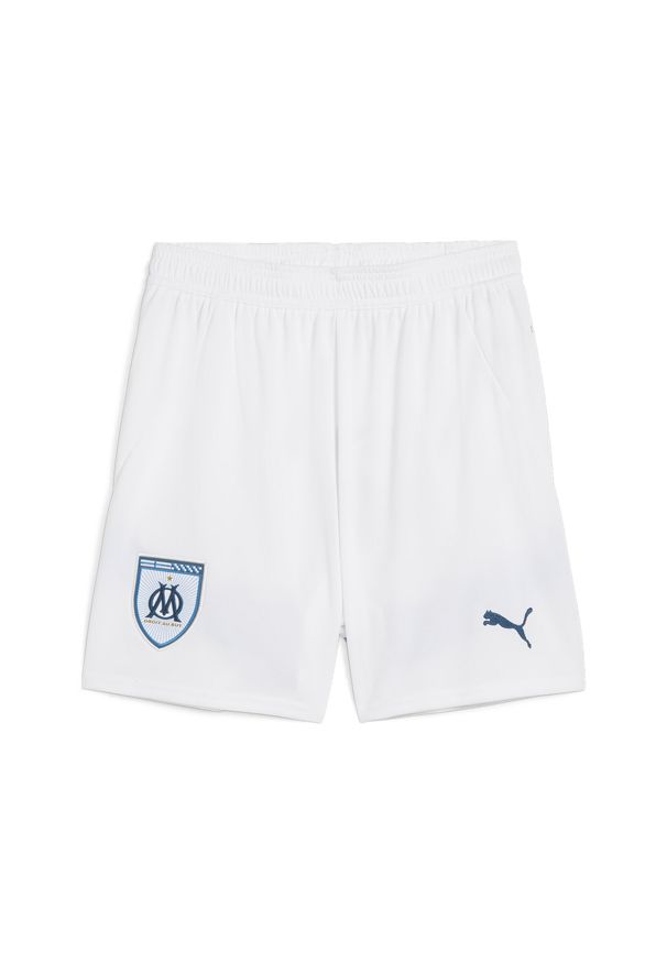 Puma - Spodenki meczowe dla dzieci OM 2024/25. Kolor: biały, wielokolorowy, niebieski. Styl: młodzieżowy