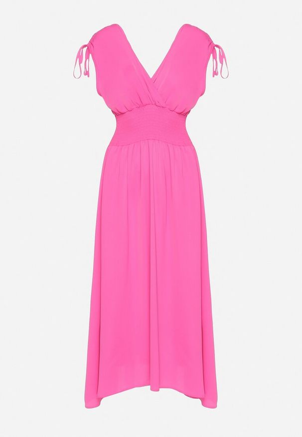 Born2be - Różowa Sukienka z Kopertowym Dekoltem na Cienkich Ramiączkach Rozkloszowana Lantia. Okazja: na co dzień, na wesele, na ślub cywilny. Typ kołnierza: dekolt kopertowy. Kolor: różowy. Materiał: jeans. Długość rękawa: na ramiączkach. Typ sukienki: kopertowe. Styl: sportowy, casual