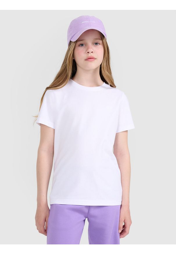 4f - 4F T-shirt regular gładki dziewczęcy - biały 128 (7-8 lat). Okazja: na co dzień. Kolor: biały. Materiał: bawełna, jersey, materiał. Długość rękawa: krótki rękaw. Długość: krótkie. Wzór: gładki. Sezon: lato. Styl: sportowy, młodzieżowy, klasyczny, casual