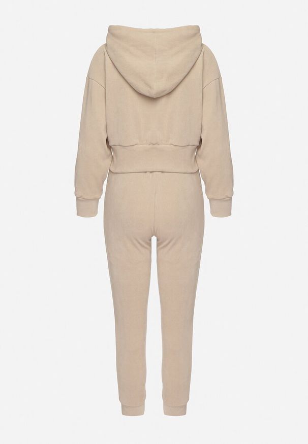 Born2be - Ciemnobeżowy Komplet Dresowy z Bawełną Bluza z Kapturem i Spodnie z Gumką w Talii Neseria. Kolor: beżowy. Materiał: dresówka, bawełna