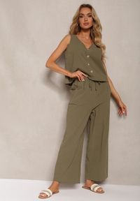 Renee - Zielony Komplet z Bawełny Bluzka z Guzikami Szerokie Spodnie z Gumką w Talii Floricella. Kolor: zielony. Materiał: bawełna #5