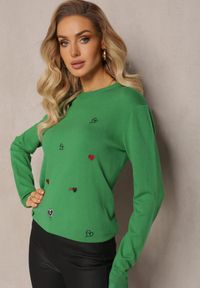 Renee - Zielony Sweter z Kaszmirem i Haftem w Serca Buvia. Kolor: zielony. Materiał: kaszmir. Wzór: haft