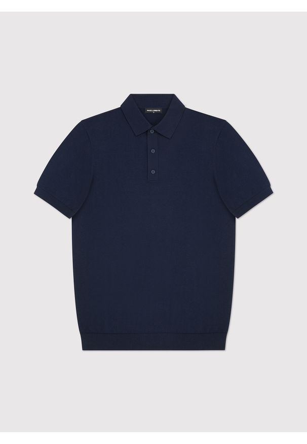 Pako Lorente - PAKO LORENTE - Granatowy swetrowy t-shirt polo. Okazja: na co dzień. Typ kołnierza: polo. Kolor: niebieski, czarny, beżowy. Materiał: bawełna, jedwab. Długość rękawa: krótki rękaw. Długość: krótkie. Styl: casual, elegancki