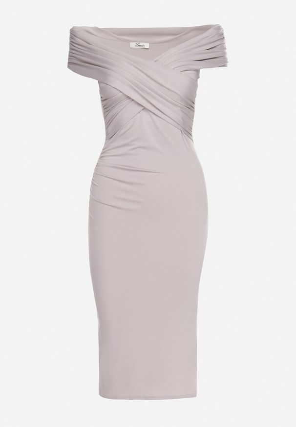 Born2be - Jasnoszara Sukienka Dopasowana z Ozdobnie Wywiniętą Górą i Rozcięciem na Boku Mleora. Kolor: szary. Materiał: dzianina. Sezon: lato. Styl: elegancki