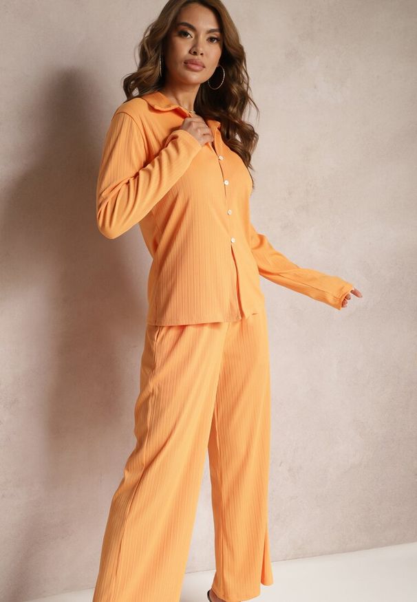 Renee - Pomarańczowy Komplet Casualowy Szerokie Spodnie z Gumką w Pasie i Koszula Sansia. Kolor: pomarańczowy