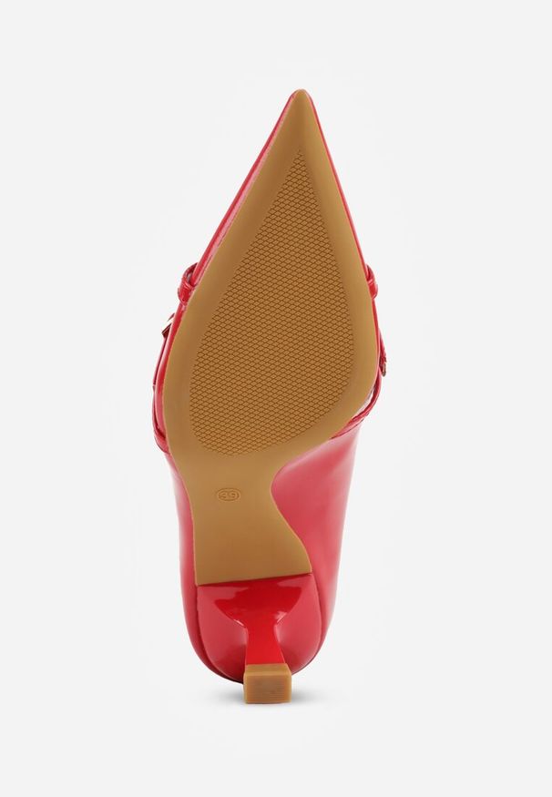 Renee - Czerwone Czółenka Lakierowane na Szpilce w Stylu Kaczuszki Ozdobione Paskami Laloma. Okazja: na spotkanie biznesowe, do pracy. Zapięcie: pasek. Kolor: czerwony. Materiał: lakier. Wzór: aplikacja. Obcas: na szpilce. Styl: biznesowy