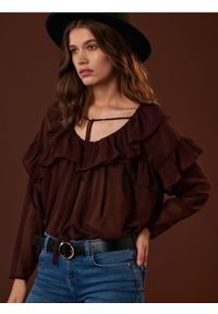 Sinsay - Bluzka z wiązaniem - brązowy. Kolor: brązowy. Materiał: materiał. Styl: retro, elegancki