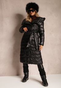 Renee - Czarna Kurtka Płaszcz z Szerokim Kołnierzem i Kapturem Wiązana w Pasie Lilave. Kolor: czarny. Sezon: zima. Styl: elegancki #5