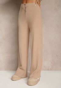 Renee - Beżowy Komplet z Dzianiny Spodnie Wide Leg i Sweter w Szerokie Pasy Falorella. Kolor: beżowy. Materiał: dzianina