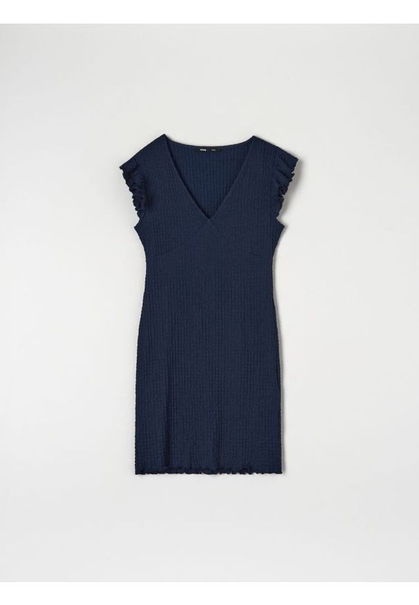 Sinsay - Strukturalna sukienka mini z falbanami - granatowy. Kolor: niebieski. Materiał: dzianina, włókno, materiał. Długość: mini