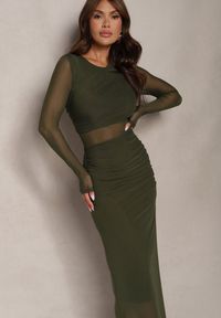 Renee - Ciemnozielona Siateczkowa Sukienka Maxi o Dopasowanym Kroju Kremse. Okazja: na imprezę. Kolor: zielony. Materiał: materiał. Typ sukienki: dopasowane. Styl: elegancki. Długość: maxi #4