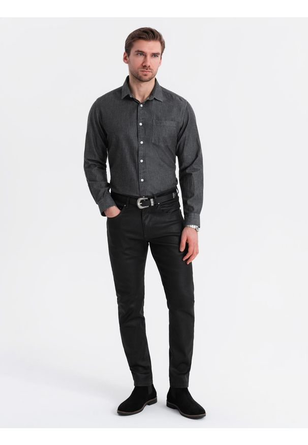 Ombre Clothing - Męska jeansowa koszula z haftowaną kieszonką – czarna V2 OM-SHDS-0181 - XXL. Kolor: czarny. Materiał: jeans. Wzór: haft. Styl: elegancki