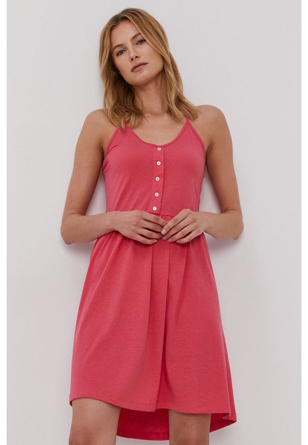 Vero Moda Sukienka kolor różowy mini rozkloszowana. Kolor: różowy. Materiał: bawełna, dzianina. Długość rękawa: na ramiączkach. Wzór: gładki. Typ sukienki: rozkloszowane. Długość: mini