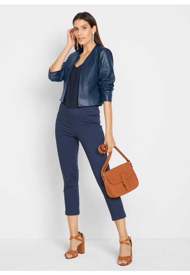 bonprix - Spodnie 7/8 z gumką w talii, ze stretchem. Kolor: niebieski. Styl: elegancki