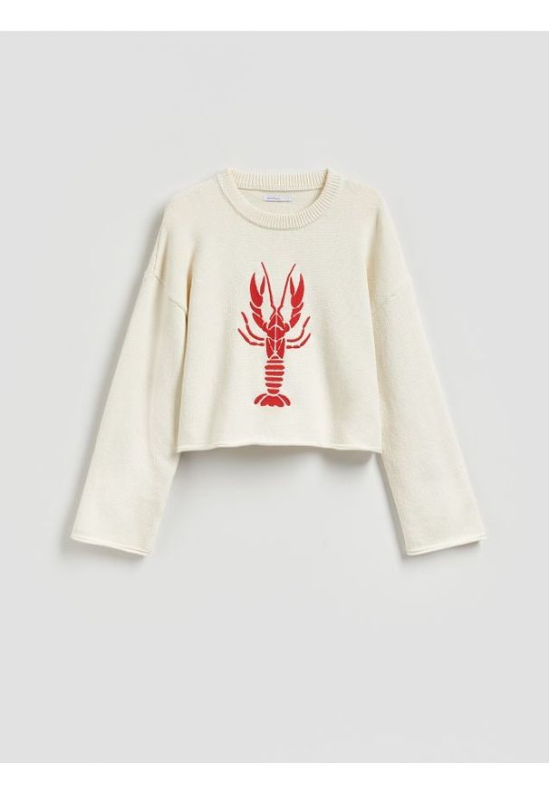 Reserved - Sweter z haftem - kremowy. Kolor: kremowy. Materiał: dzianina, bawełna. Wzór: haft